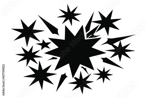 Black Starburst Composition with Multiple Pointed Stars and Sharp Geometric Fragments on White Background