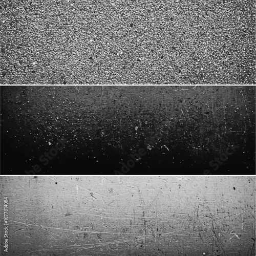 Photorealistic monochrome textured panels display distress and aging, with gritty accumulations, scratched surfaces, and dramatic light-shadow contrasts depicting time passing.