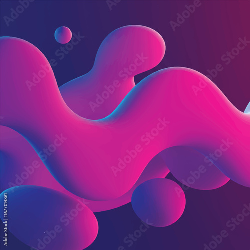 Fluid abstract shapes with a glossy paint texture create a serene and futuristic background, showcasing a captivating indigo to magenta color gradient with hints of cyan.