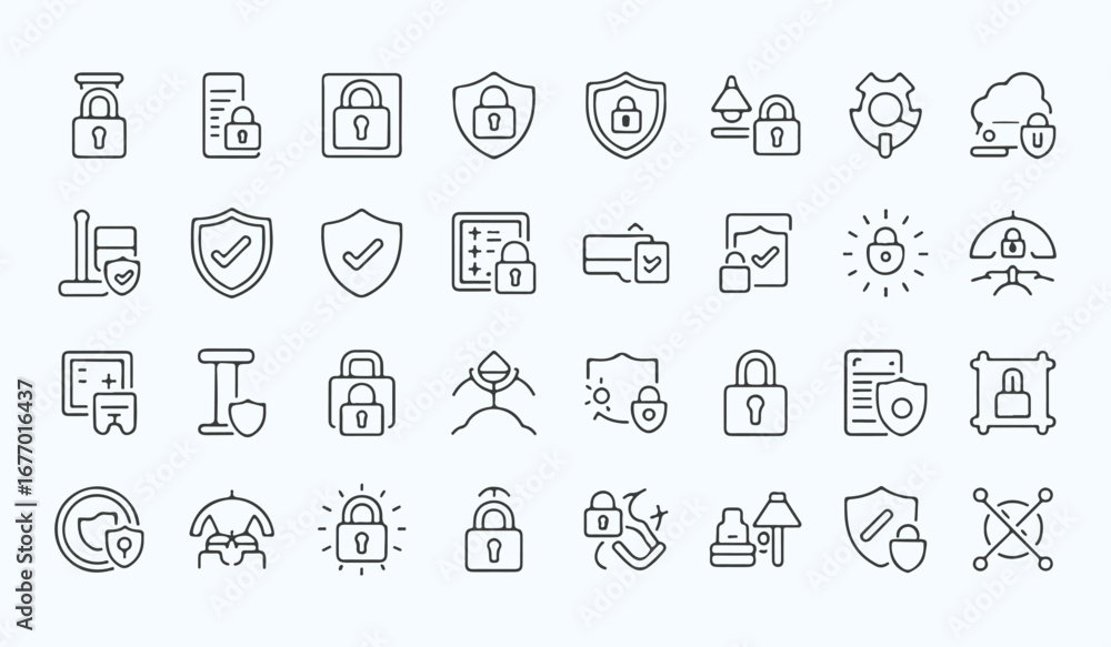 Set of line icons representing cybersecurity and data protection.