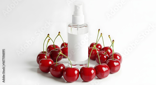 Transparent cosmetic spray bottle with a blank label mockup for a cherry essence, surrounded by fresh red fruit on a clean white background