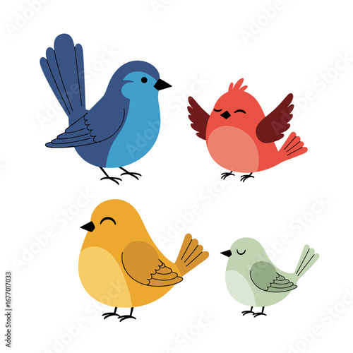 A collection of four adorable cartoon birds in different bright colors standing together in a playful manner