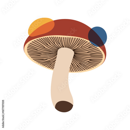 Artistic mushroom illustration with colorful abstract dots adorning the cap for a whimsical and natural design