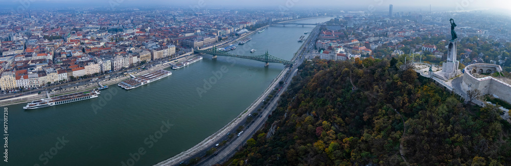 Fototapeta premium Aerial view of the city Budapest in Hungary on a sunny day in autumn.