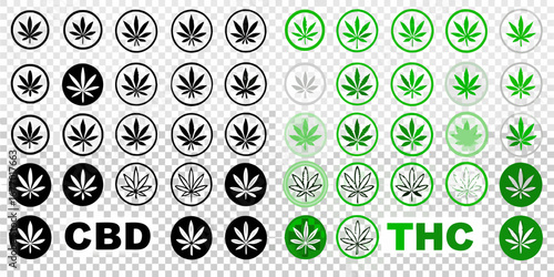 Collection of cannabis leaf icons and symbols for cbd and thc products