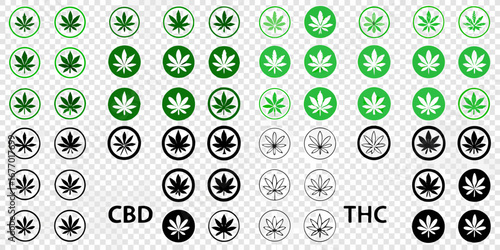 Collection of cannabis leaf icons in green black and outline styles with cbd and thc labels