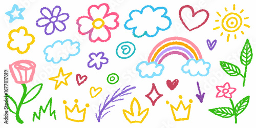Collection of colorful hand drawn crayon illustrations of flowers clouds stars hearts sun rainbow and crowns on white background