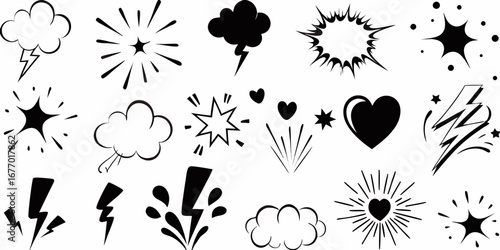 Collection of black and white comic book style explosions stars hearts and lightning bolt icons