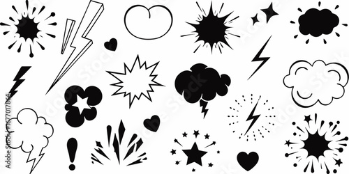 Collection of comic book style graphic elements including explosions lightning bolts speech bubbles and hearts