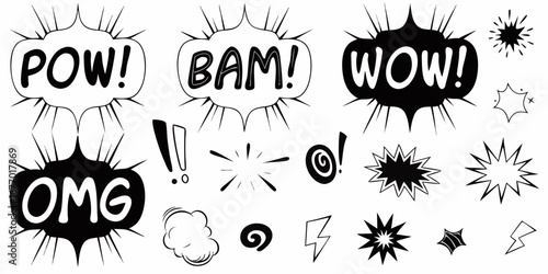 Collection of comic book style speech bubbles and sound effects like pow bam wow and omg