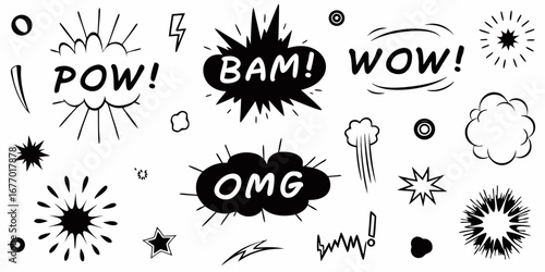 Collection of comic book style sound effect words and graphic elements in black and white