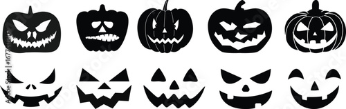 Halloween pumpkin icon set.Evil pumpkin symbol. Halloween decoration cartoon sign.Cute Creepy Spooky Halloween Pumpkin Fall Autumn Sticker Print Illustration.Halloween evil face vector illustration.