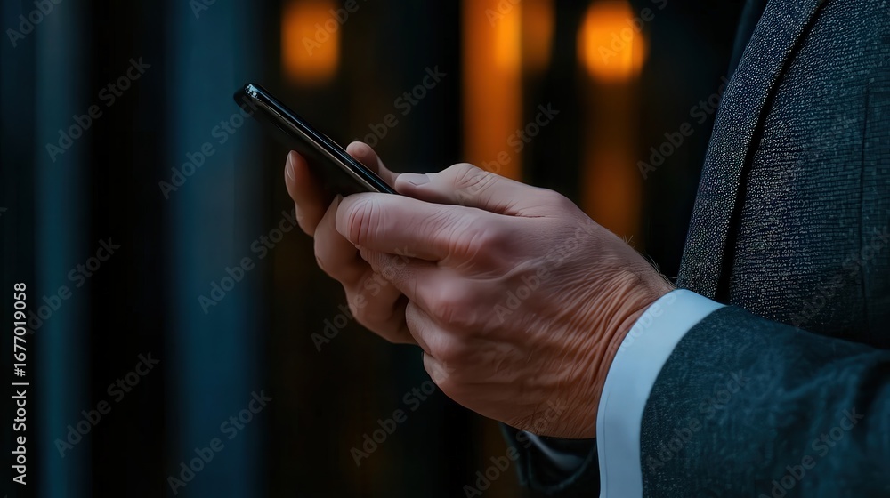 Obraz premium A close-up of a person's hands holding a smartphone, showcasing a modern and professional setting, This image is perfect for business, technology, or communication-related content,