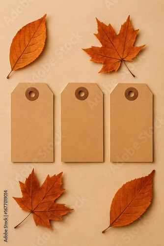 Autumn sale label and dry leaves isolated on white background. Blank tag of craft paper decorated fall leaf. Minimal flat lay, beige color, mock up for discount price, autumn sale concept