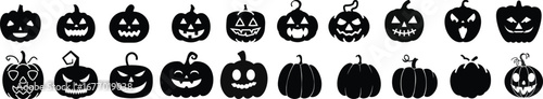 Halloween pumpkin icon set.Evil pumpkin symbol. Halloween decoration cartoon sign.Cute Creepy Spooky Halloween Pumpkin Fall Autumn Sticker Print Illustration.Halloween evil face vector illustration.