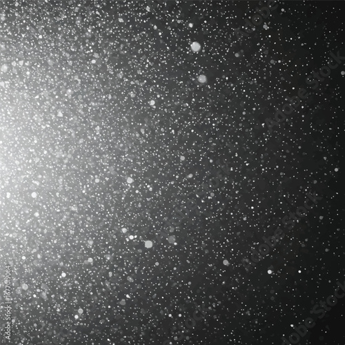 Abstract ethereal particles resembling shimmering stardust drift downwards, forming a dreamlike blizzard with soft, hazy light and muted white and gray tones, evoking tranquility.