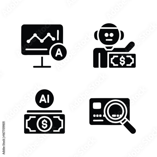 AI in Finance icon set, 4 icons algorithmic trading chart, AI analyzing money, fraud detection magnifying glass on credit card.