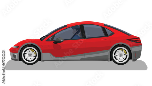 Concept vector illustration of detailed side of a flat soft red sedan car. with shadow of car on reflected from the ground below. can view interior of car with driver man.