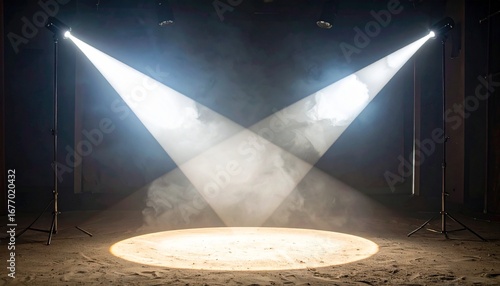 Two bright spotlights illuminate a smoky stage, creating a dramatic circular pool of light on the textured ground.