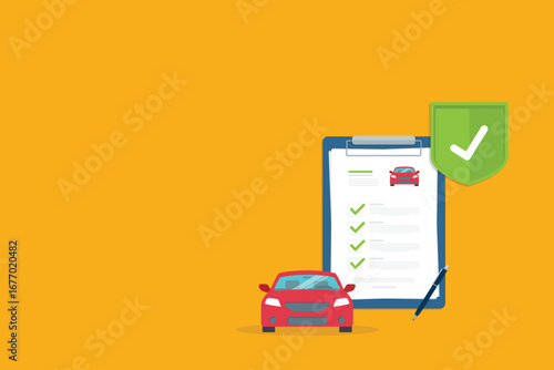 Car insurance document, report. Paper agreement checklist or loan checkmarks form list approved with automobile icon, vehicle financial, car dealership legal deal.