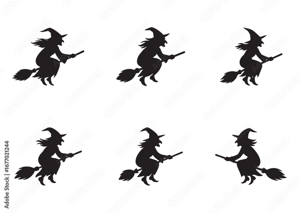 Obraz premium flying witch logo silhouette vector, witch on broom logo vector silhouette illustration, flying witch silhouette design, halloween flying witch on broom logo silhouette vector on white background