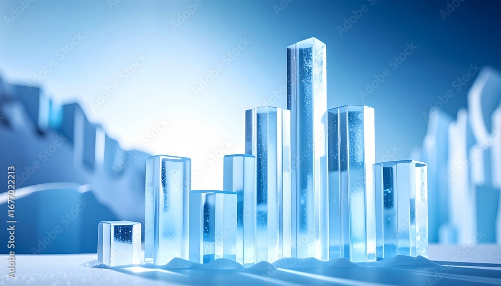 Obraz premium Mesmerizing Abstract Landscape of Gleaming Ice Crystals Forming a Futuristic Cityscape on a Frozen Expanse, Evoking Coolness and Pristine Clarity