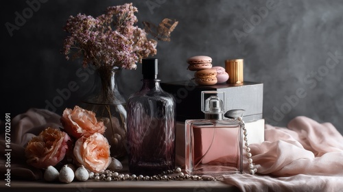 Perfume bottles with flowers skincare photography lifestyle stylish composition feminine background