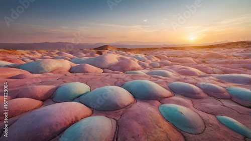 Sunset Over Colorful Rolling Hills in a Surreal Fantasy Landscape