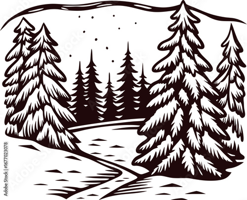 Snow covered evergreen trees in winter forest with winding path and falling snow, monochrome hand drawn illustration