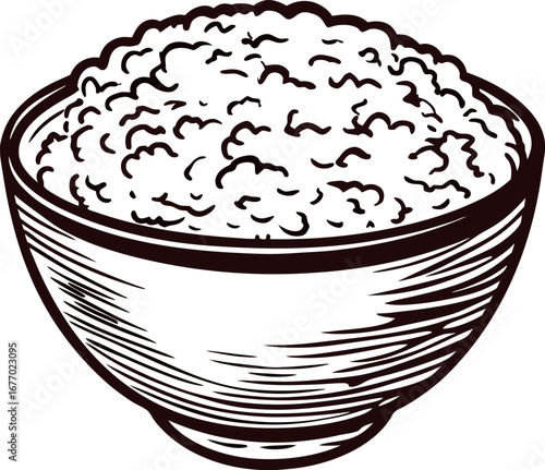 Hand drawn bowl filled with cottage cheese vintage engraved black and white illustration