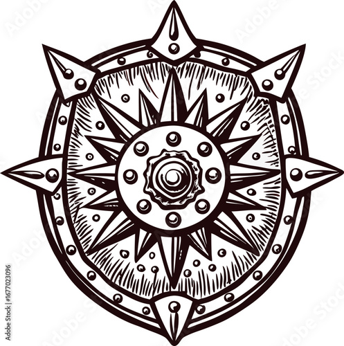 Medieval engraved round shield with spiked sunburst center and metal rim isolated on white background