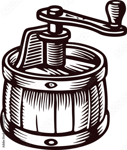 Hand drawn wooden coffee grinder with crank handle in vintage engraving isolated on white background