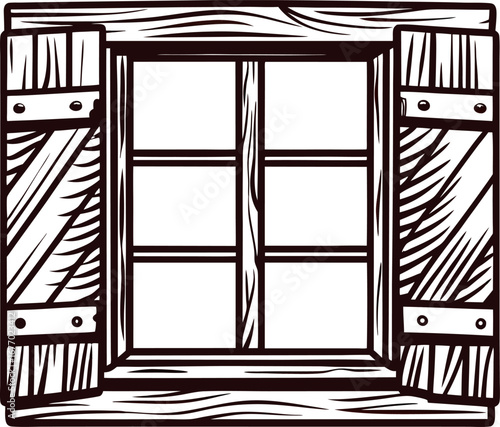 Rustic wooden window with open shutters and wood grain frame in hand drawn vintage engraved illustration