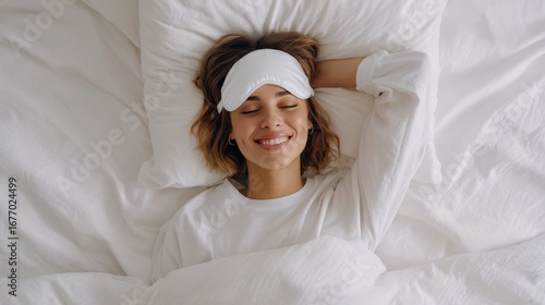 The woman sleeps soundly with a silk mask covering her eyes, which is blue in color