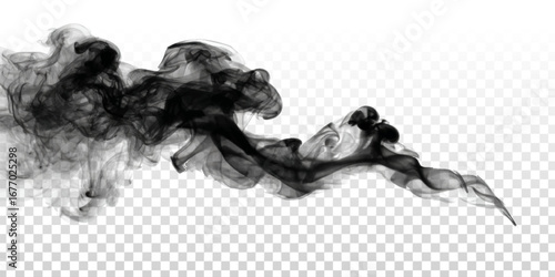 Vector black smoke plume isolated on transparent background.