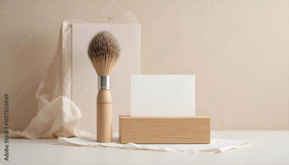 Obraz premium Minimalist mockup featuring a cosmetic brush and card on a wooden holder against a beige backdrop