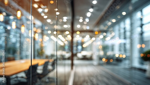 Blurry view of modern office interior through glass walls