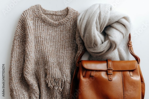 Knitted sweater, scarf, and satchel bag arranged on white background
