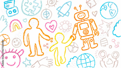 Childlike drawing featuring a person, child, and robot among other doodles on a white background canvas