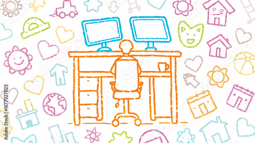 Person sitting at a desk with two monitors and a mug, surrounded by colorful doodle drawings all around