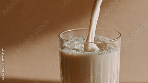 Sesame Milk is a creamy beverage with a smooth texture that is poured into a glass cup as a liquid