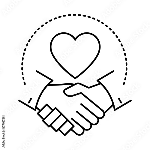 Handshake icon with heart  respect in relationships, mutual understanding.