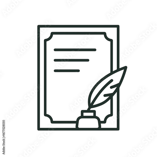 Outline icon of last will and testament with quill and ink, symbol of inheritance, estate planning and legal document