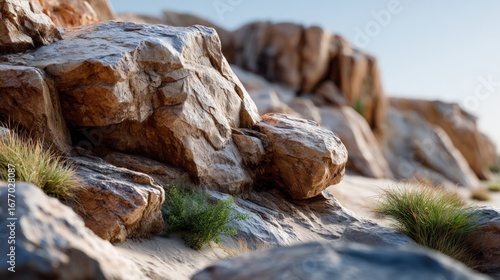 A close-up view of textured rocks and scrubby vegetation against a light-toned backdrop.