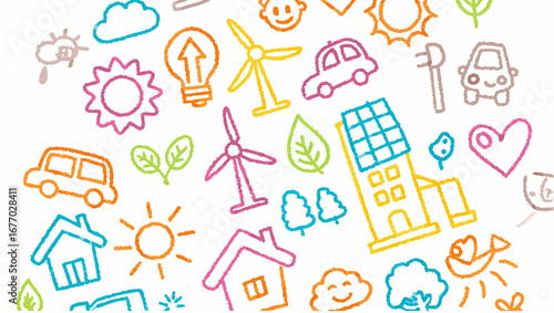 Colorful crayon style drawing featuring renewable energy sources and environmental elements scattered around