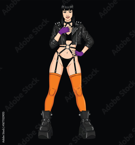 Punk Rock Girl in Leather Jacket and Platform Boots Vector Character