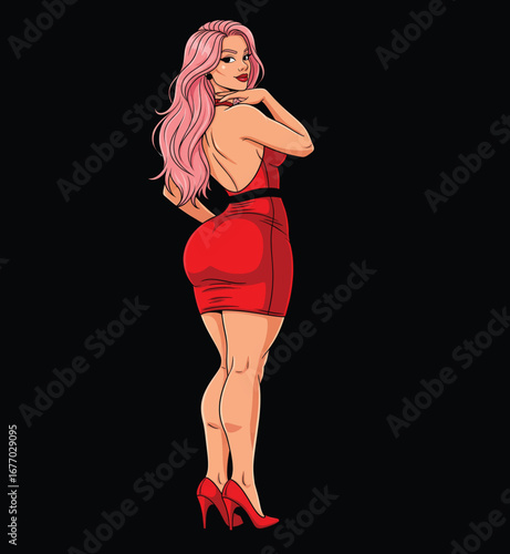 Glamorous Woman in a Tight Red Dress and High Heels, Fashion Vector Illustration
