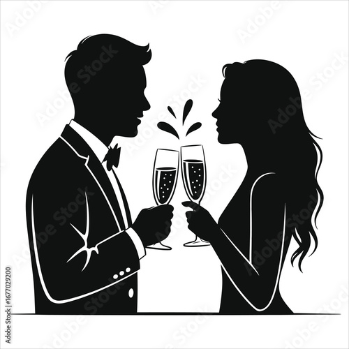 Elegant romantic silhouette of couple toasting with champagne glasses, man in tuxedo and woman in evening dress celebrating wedding, engagement, anniversary, love, romance, party, and special occasion