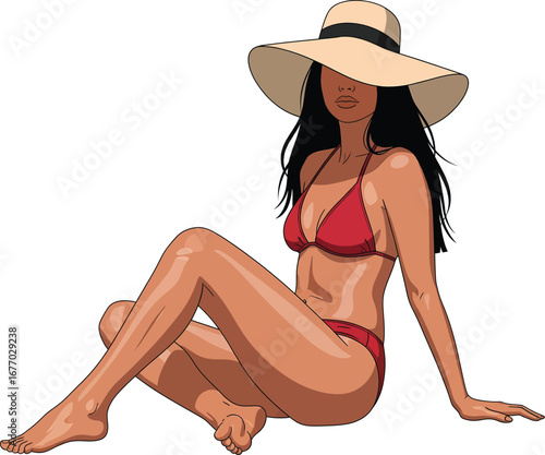 Woman in Red Bikini and Sun Hat Relaxing on Summer Beach Vacation
