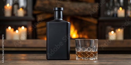 A minimalist square black bottle with glass transparency, background of candlelight and smoky bar interior, props of rum glass and charred wood